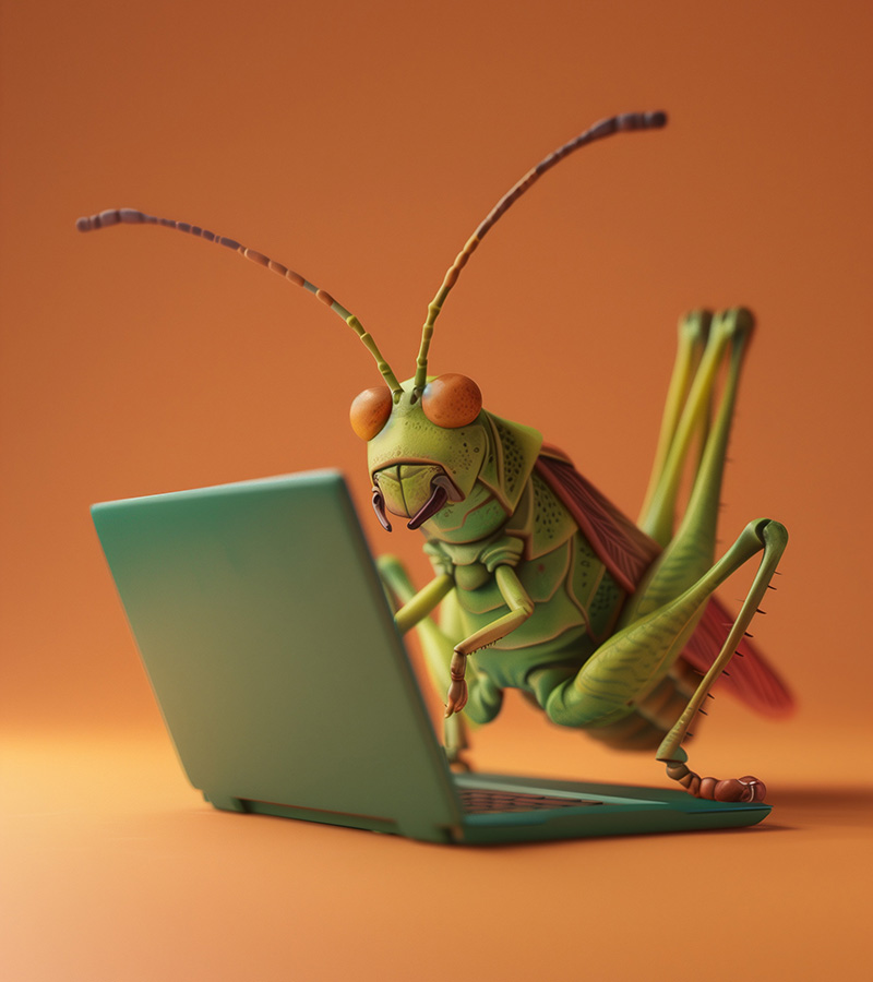 Cricket typing on laptop