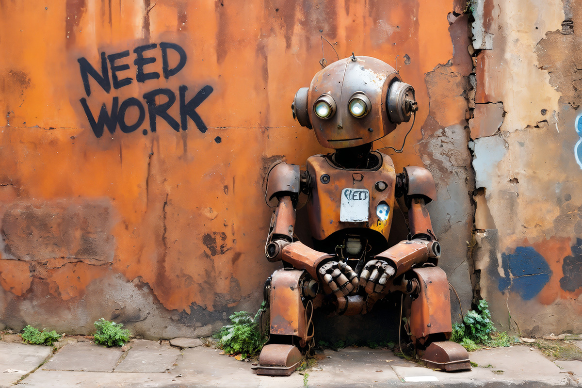 rusty robot sitting in alley