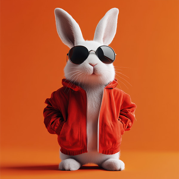 white rabbit wearing sunglasses and an orange jacket