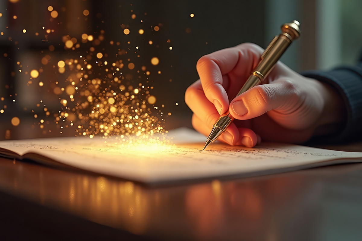 person writing on paper leaving trail of glitter