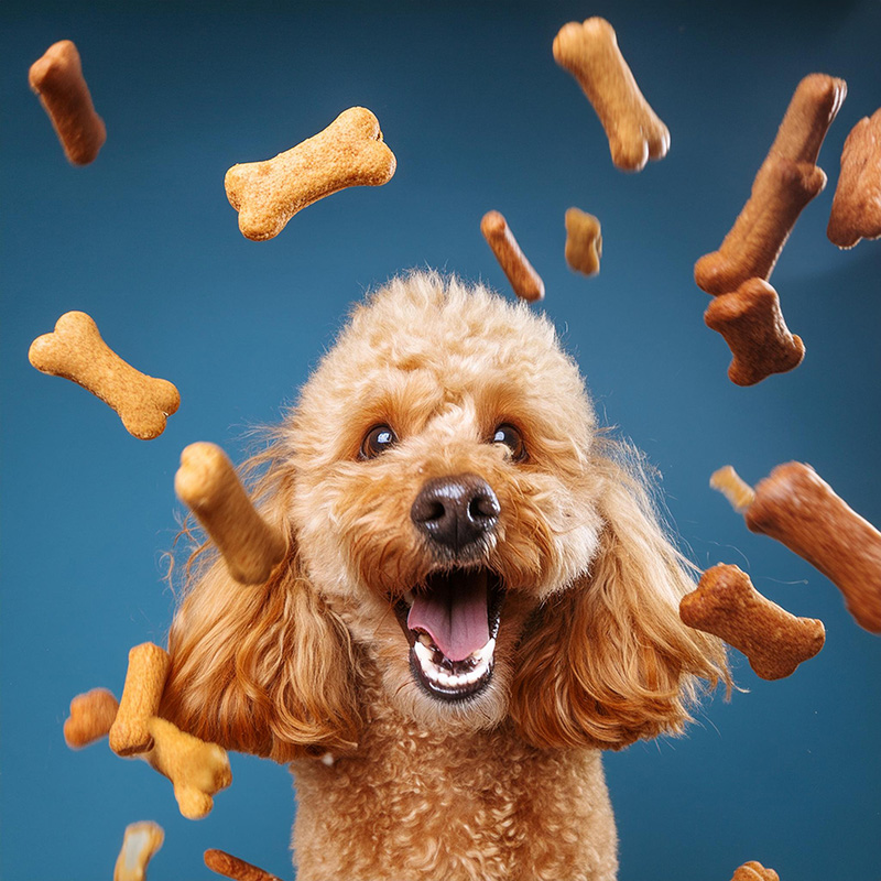 happy cavoodle being showered in dog biscuits