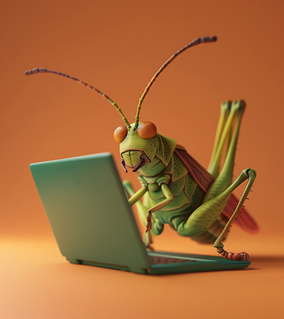 cricket staring at a laptop screen