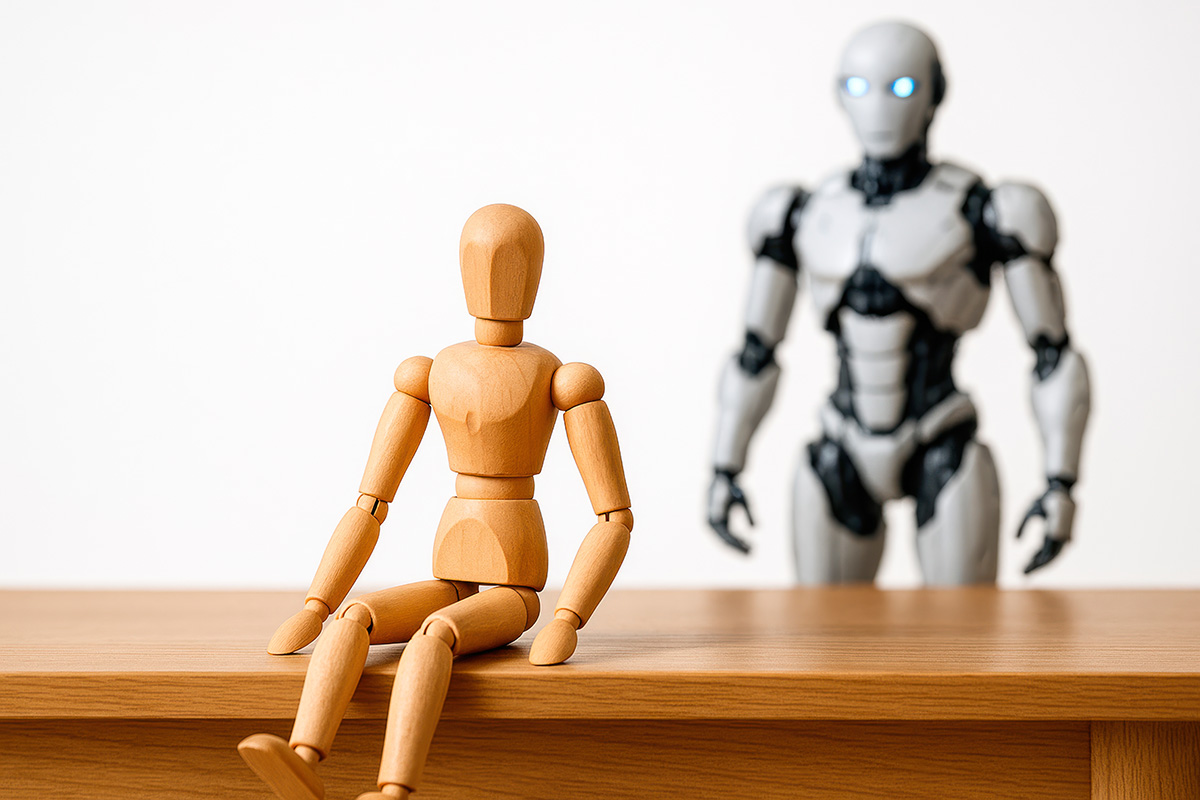 robot lurking behind sitting wooden mannequin