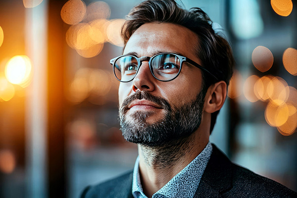 businessman looking up with a daydreaming expression