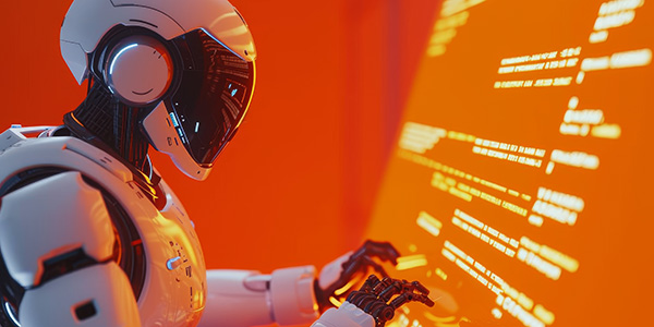 artificial intelligent robot coding on digital orange screen
