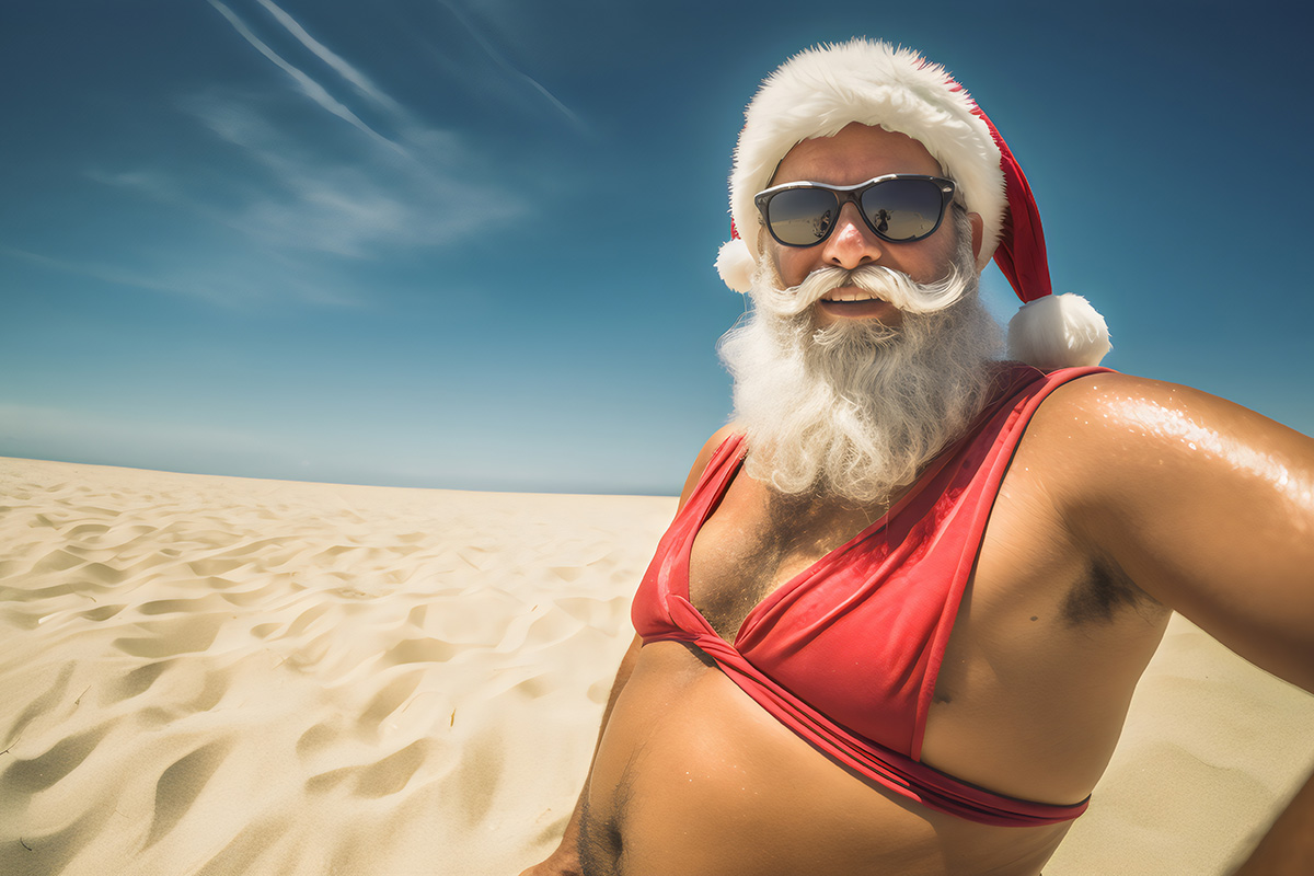 Tanned Santa dressed in a bikini at the beach