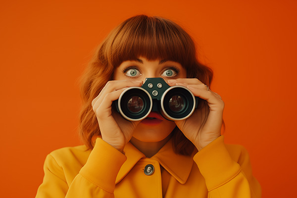 woman peaking over binoculars with surprised expression